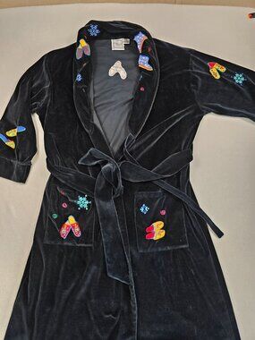 Michael Simon Lite Black Velvet Robe L Embroidered Mittens Snowflakes Christmas